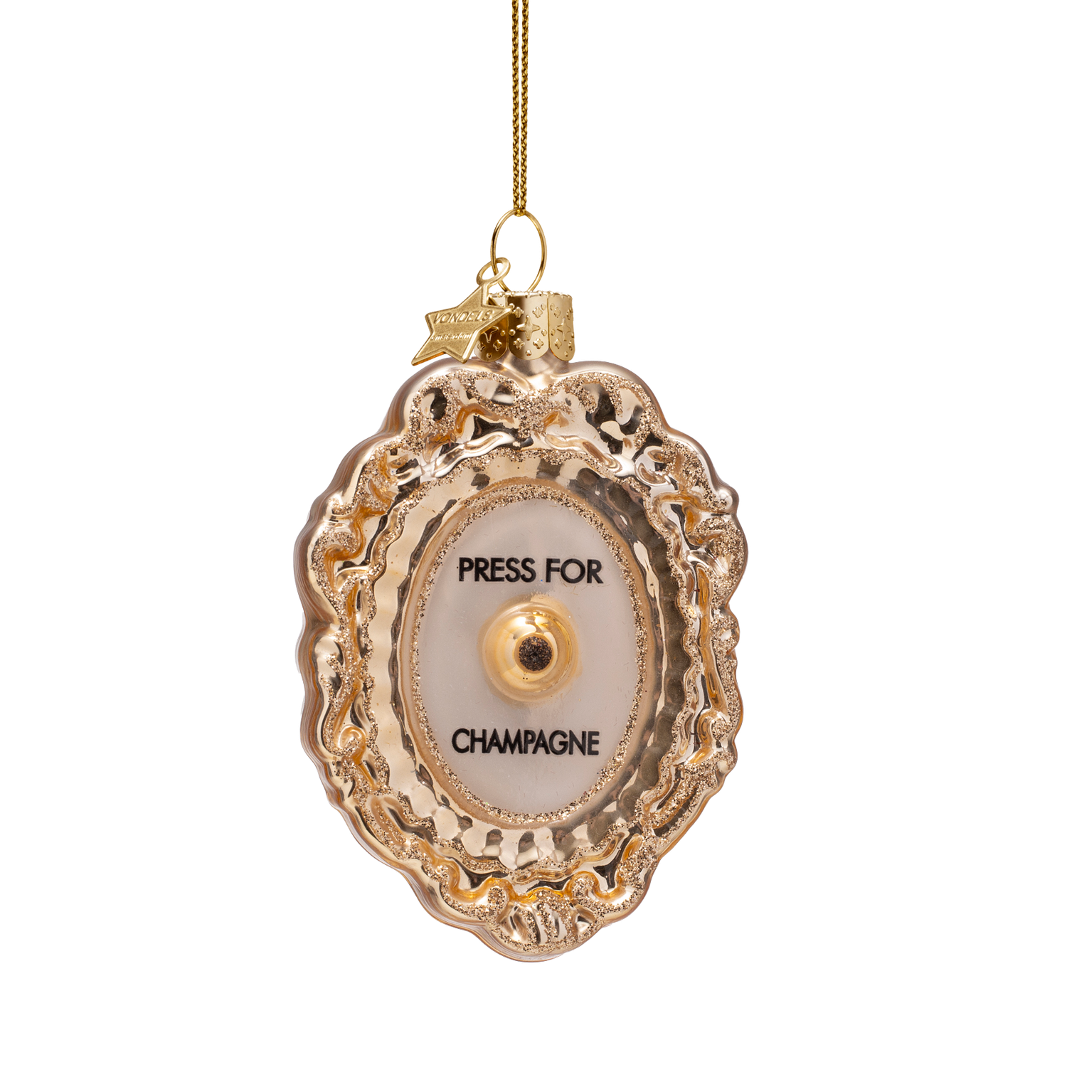 Vondels Champagne Knop Kerstornament 9 cm – Glazen Kerstbal 'Press for Champagne'