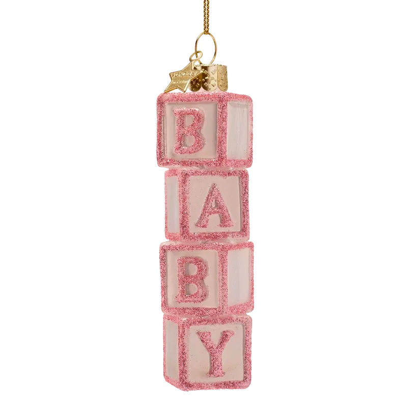 Vondels Baby Blokken Roze Kerstornament Glas 11 cm