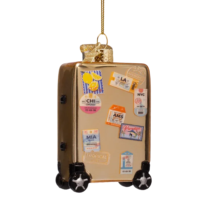 Vondels Gouden Koffer Kerstornament met Reisstickers Glas 9,5 cm