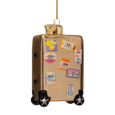 Vondels Gouden Koffer Kerstornament met Reisstickers Glas 9,5 cm
