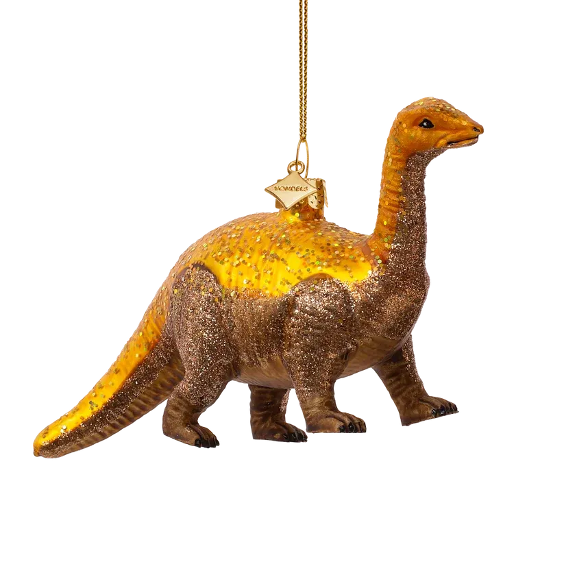Vondels Dinosaurus Kerstornament met Gouden Pailletten Glas 9 cm