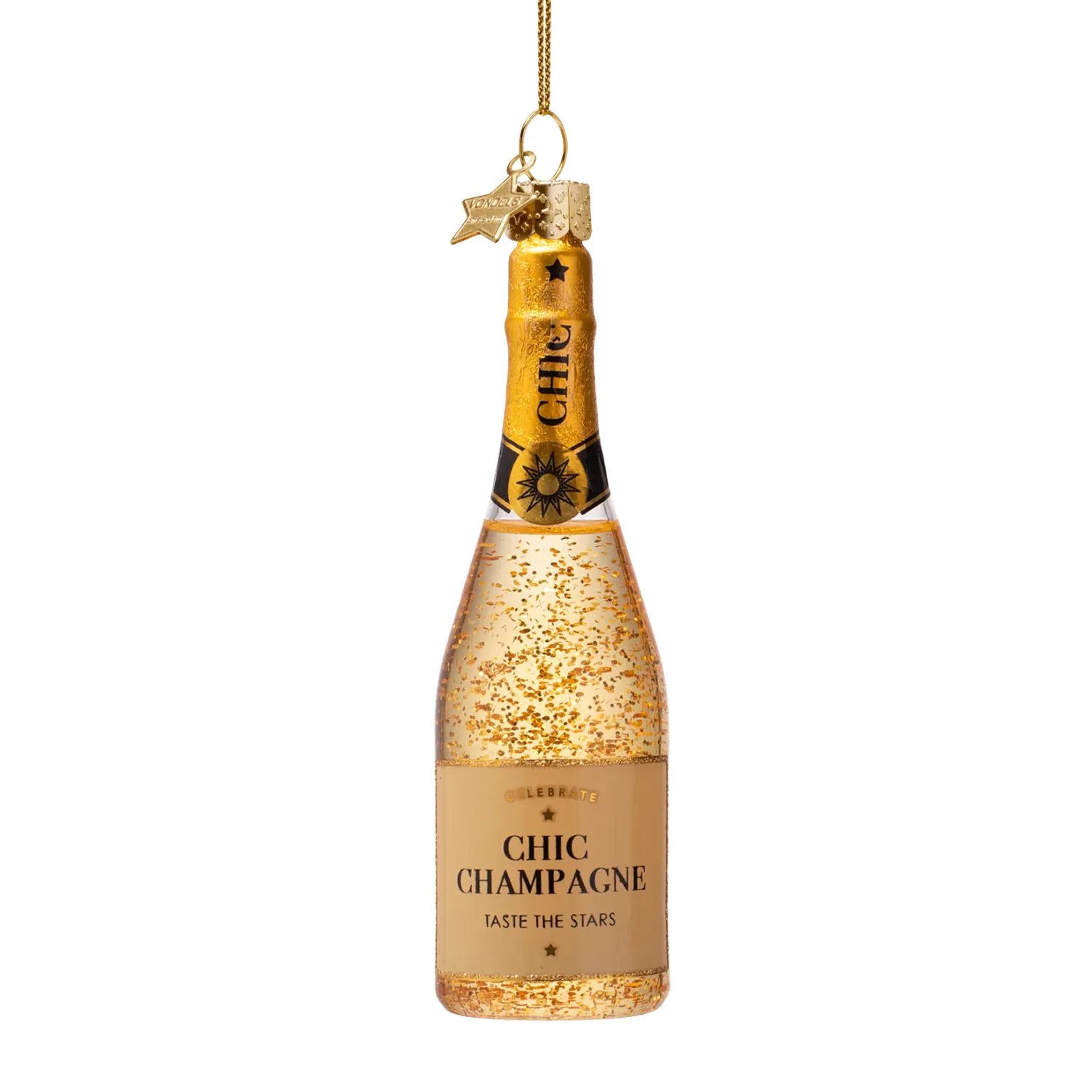 Vondels Champagnefles Kerstbal met Glitters 13,5 cm