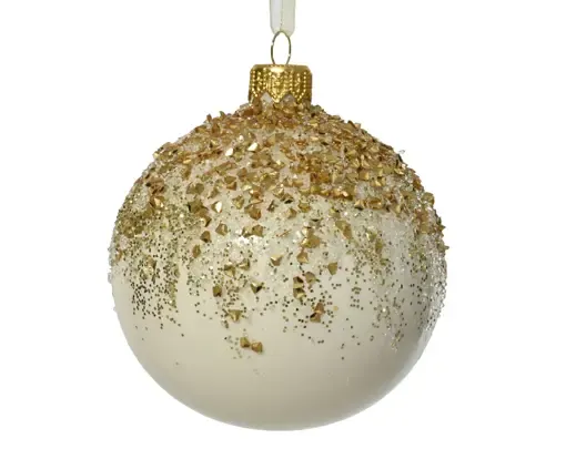 Kerstbal Wol Wit met Gouden Glitters Ø8 cm – Luxe Kerstbal