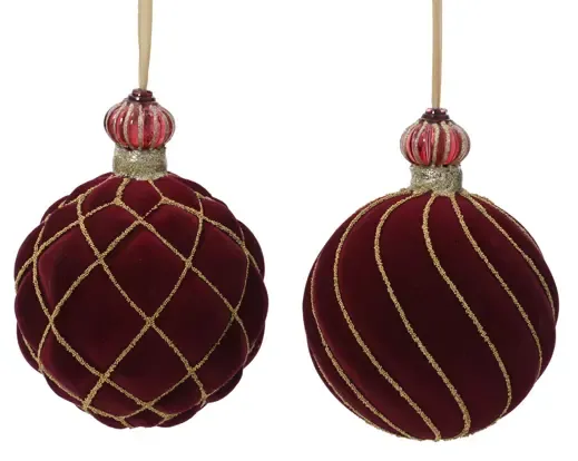Velvet Kerstbal Bordeaux Rood met Goud Ø10 x H12,5 cm – 2 Assorti