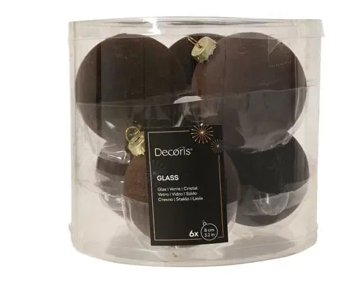 Velvet Kerstballen Bruin Mix Ø8 cm – Koker met 6 Stuks