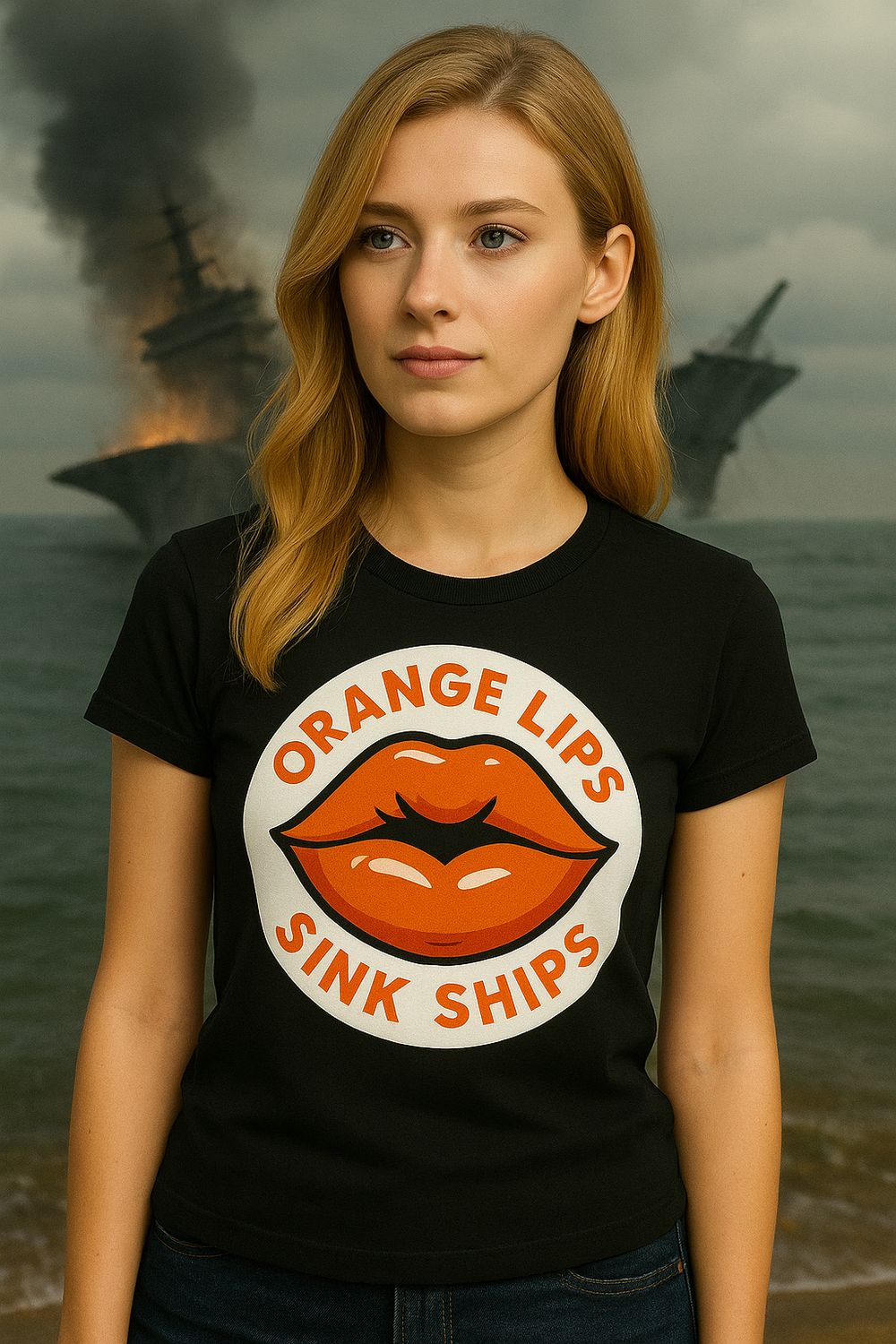 Orange Lips Sink Ships - Women&#39;s (Black) Short-sleeve Tee
