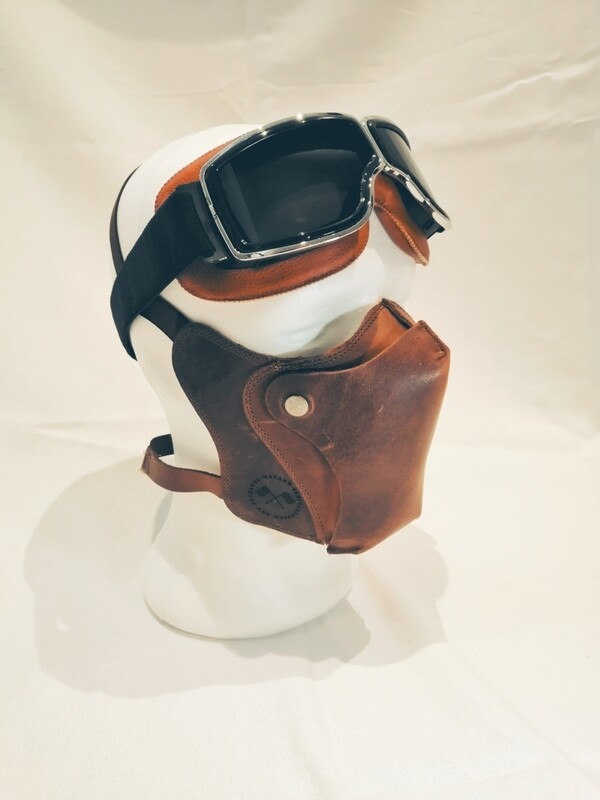 Set Vintage Style &quot;Brown&quot; Genuine Cow Leather Mask + Goggles &quot;Semi Dark&quot; Lens for Open Helmets Cafe Racer &amp; Custom