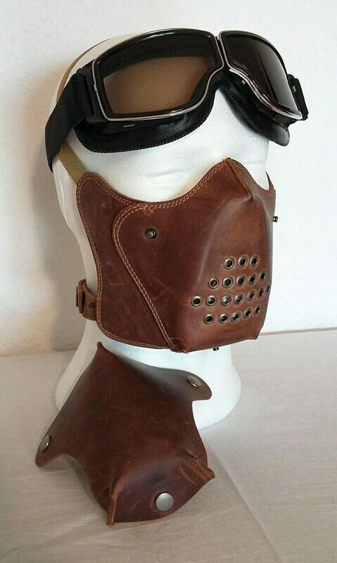 Set Vintage Style of Genuine Cow Leather Mask &quot;Brown oxide&quot; + Goggles &quot;Semi Dark&quot; Lens for Open Helmets Cafe Racer &amp; Custom