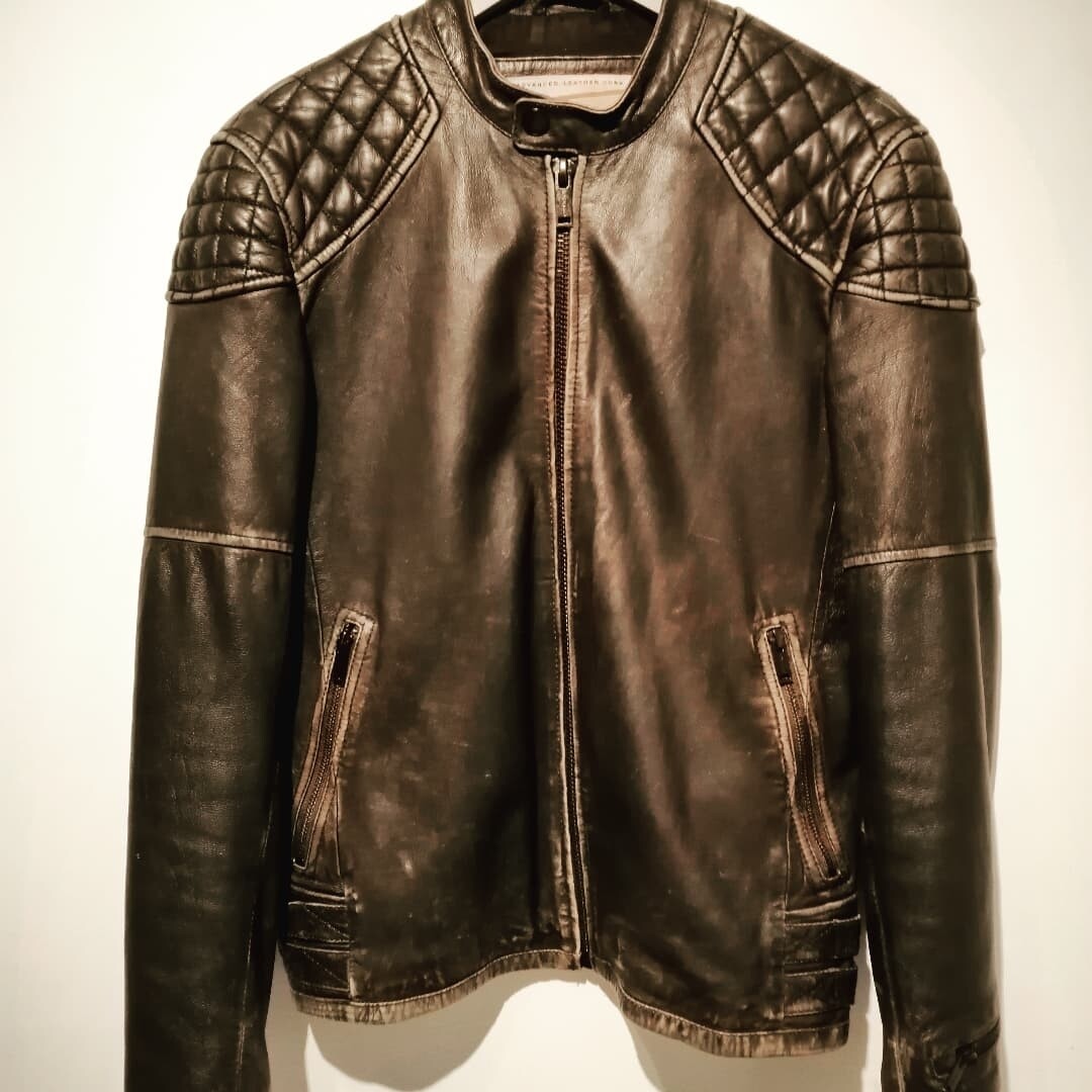 Vintage Cafe Racer Style Aged Leather Jacket Chevignon Brand Medium size Men's