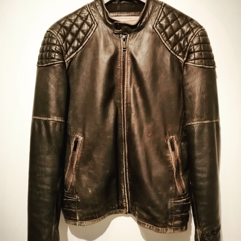 Vintage Cafe Racer Style Aged Leather Jacket Chevignon Brand Medium size Men&#39;s