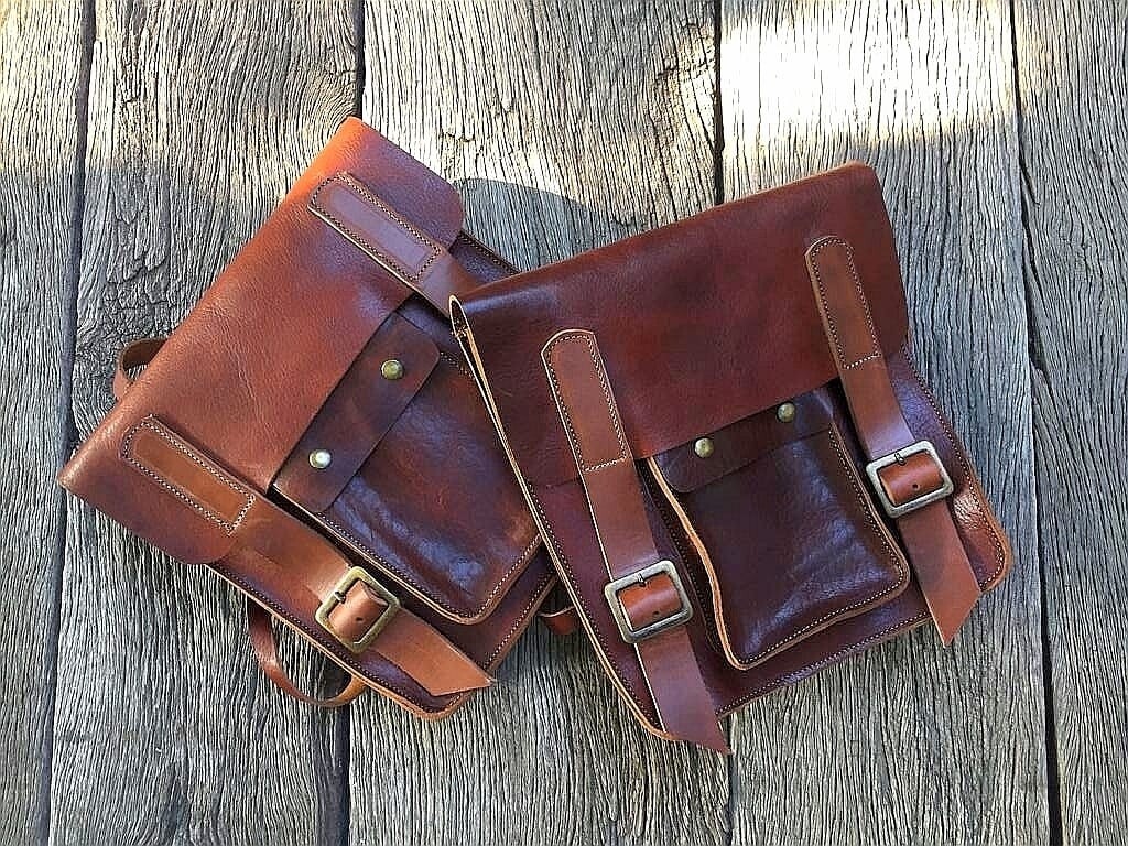 Set of universal saddlebags "Wrangler" oxide brown cowhide leather Cafe Racer vintage style