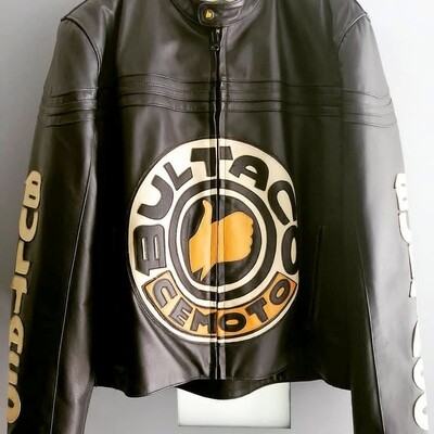 Second Hand Mythical Genuine Bultaco UNISEX Black Cowhide Leather Jacket from the 90s Size S for Men - L/XL Women
