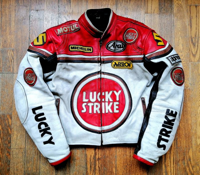 SECOND HAND 90s Racing Style Leather Jacket Lucky Strike Team Edition Size Medium for men