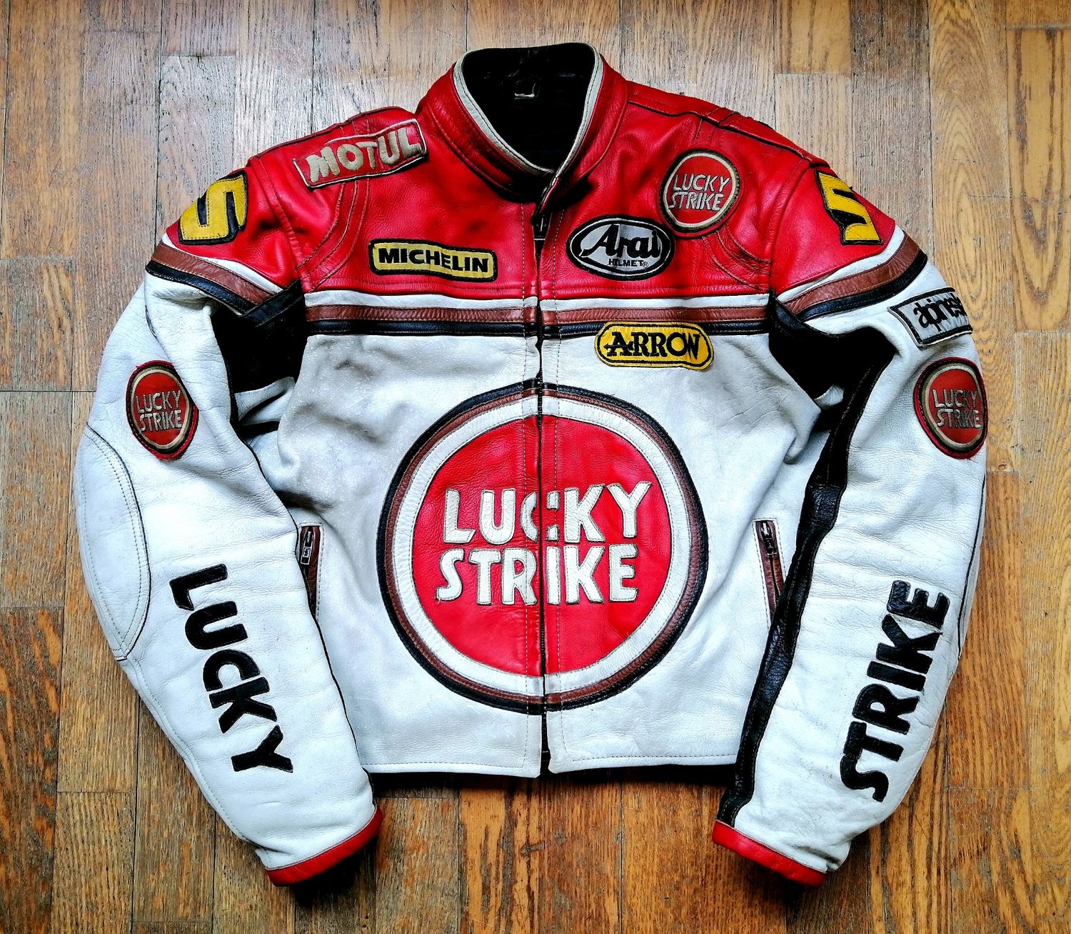 SECOND HAND 90s Racing Style Leather Jacket Lucky Strike Team Edition Size Medium for men