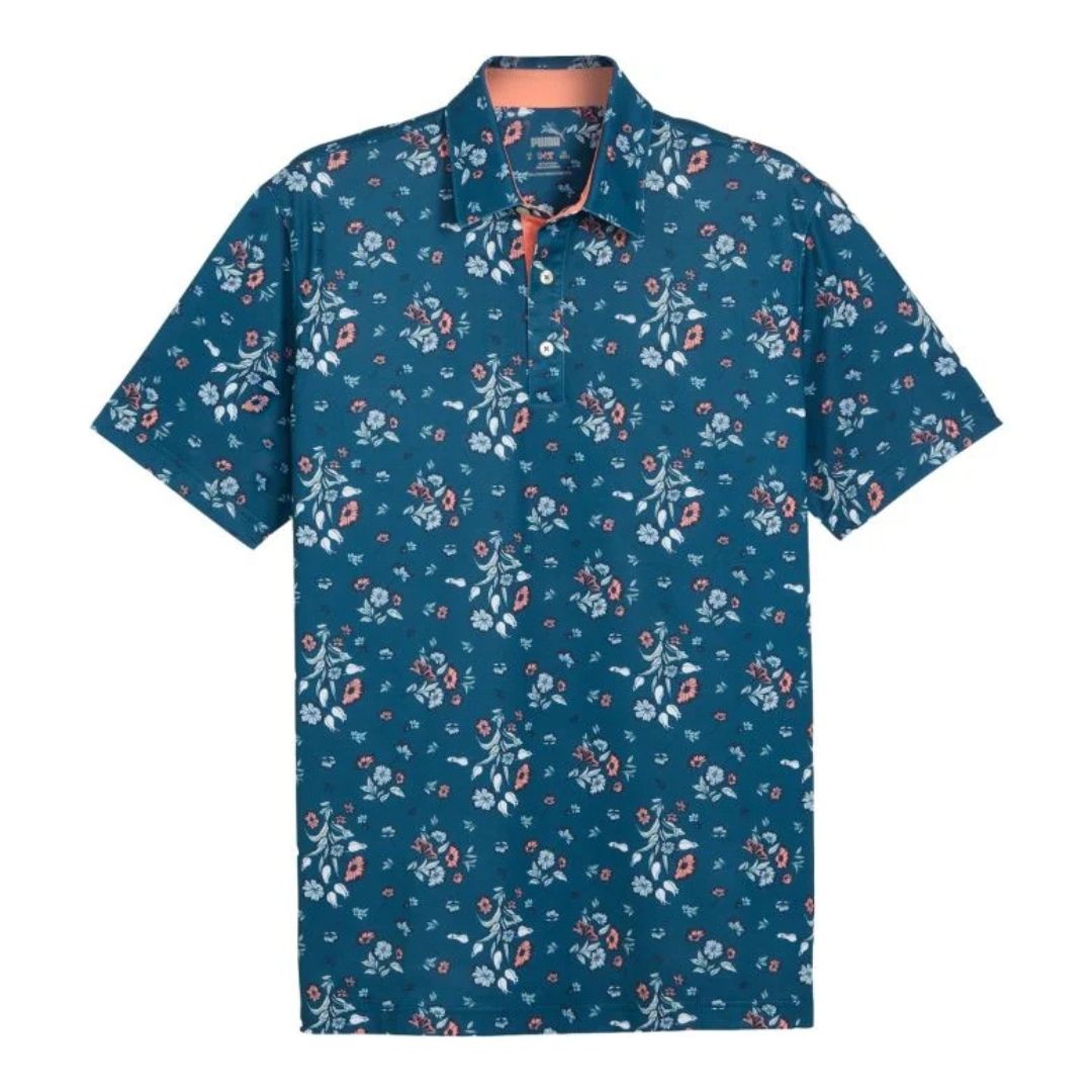PUMA Pique Heirloom Golf Polo, Color: Ocean Tropic/Melon Punch, Size: L
