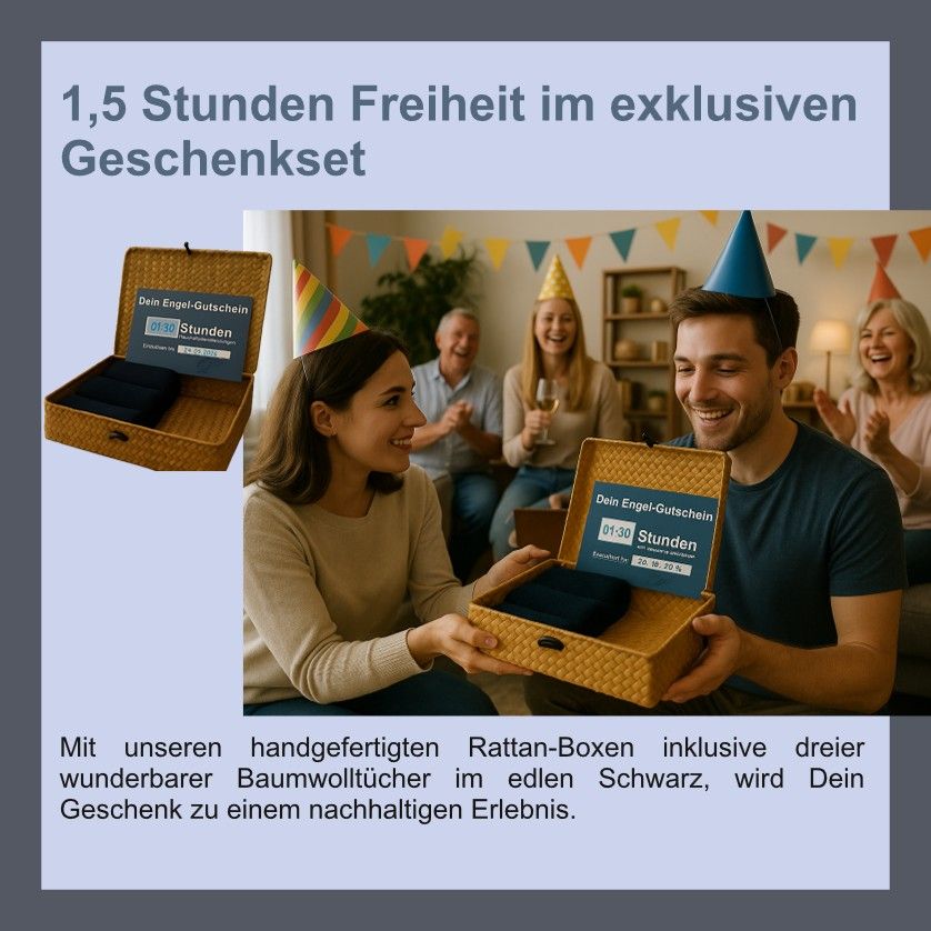 Dein Gutschein in einer handgefertigten Rattan-Box mit drei edlen Baumwolltüchern