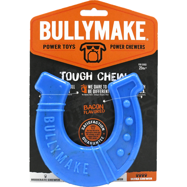 Bullymake Dog Toy Tough Chew Nylon Horseshoe Blue Bacon Flvr