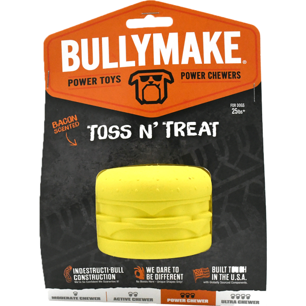 Bullymake Dog Toy Toss n&#39; Treat Rubber Cheesebrgr Bacon Scnt
