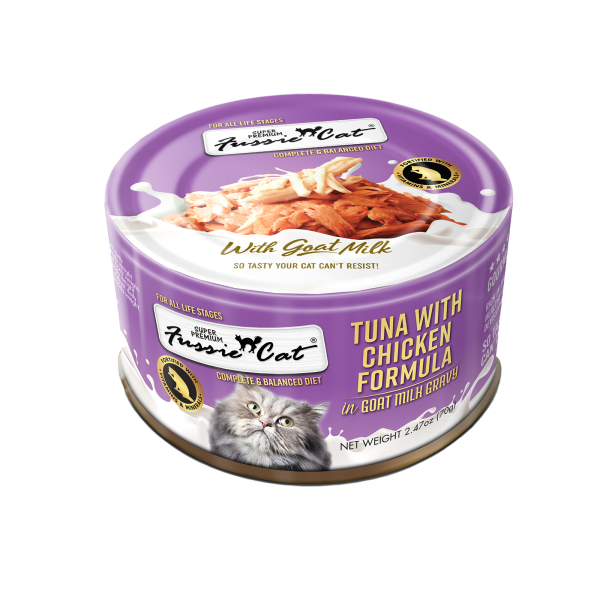 Fussie Cat Premium Tuna w/Chicken in Goat Milk 2.4oz