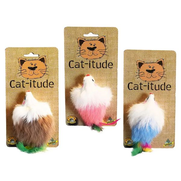 Real Fur Cozy Mouse w Rattle & Feather tail