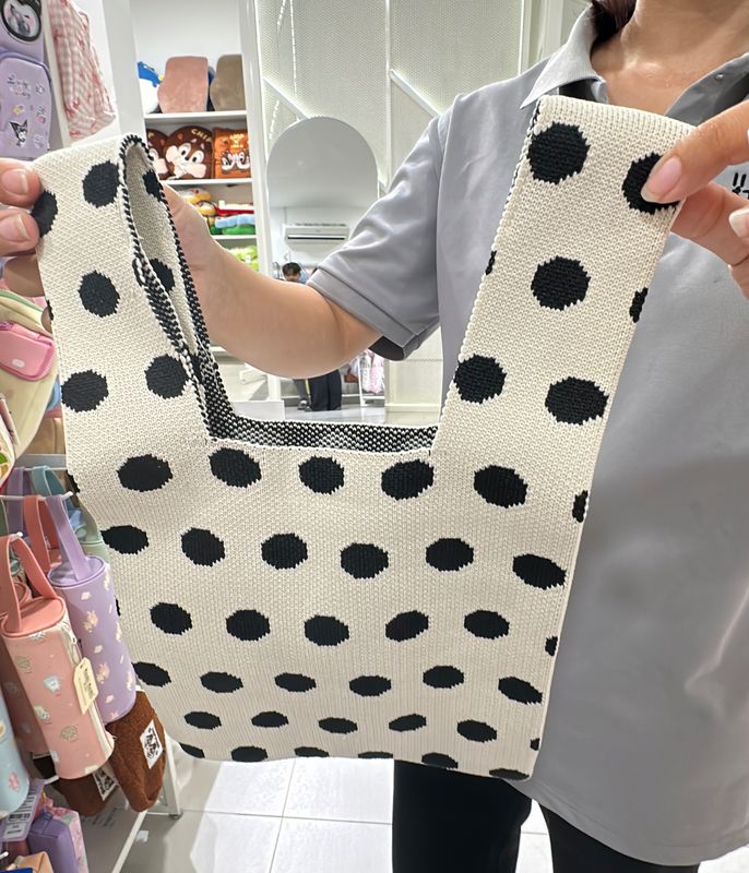 Beige Black Polka Dotted Knitted Wool Bag