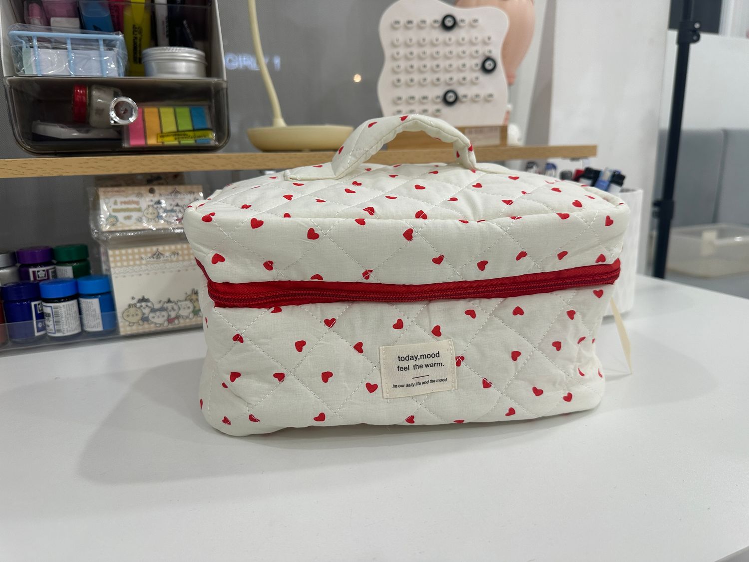 White-Red Heart dot Makeup Bag