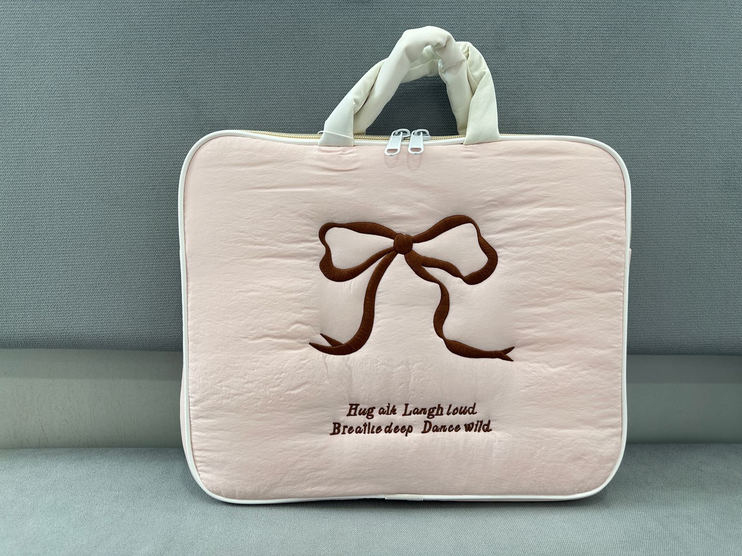 14inches Soft Ribbon Handle Laptop Bag - Soft Pink