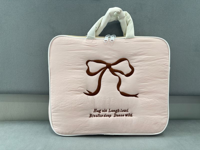 14inches Soft Ribbon Handle Laptop Bag - Soft Pink
