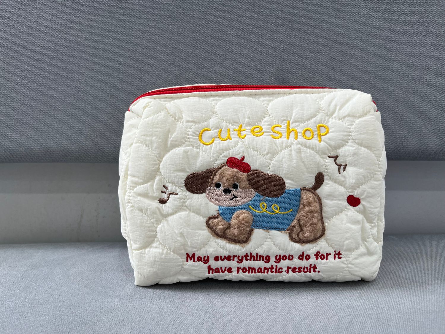 Large Pouch with Handle - Cream Brown Puppy