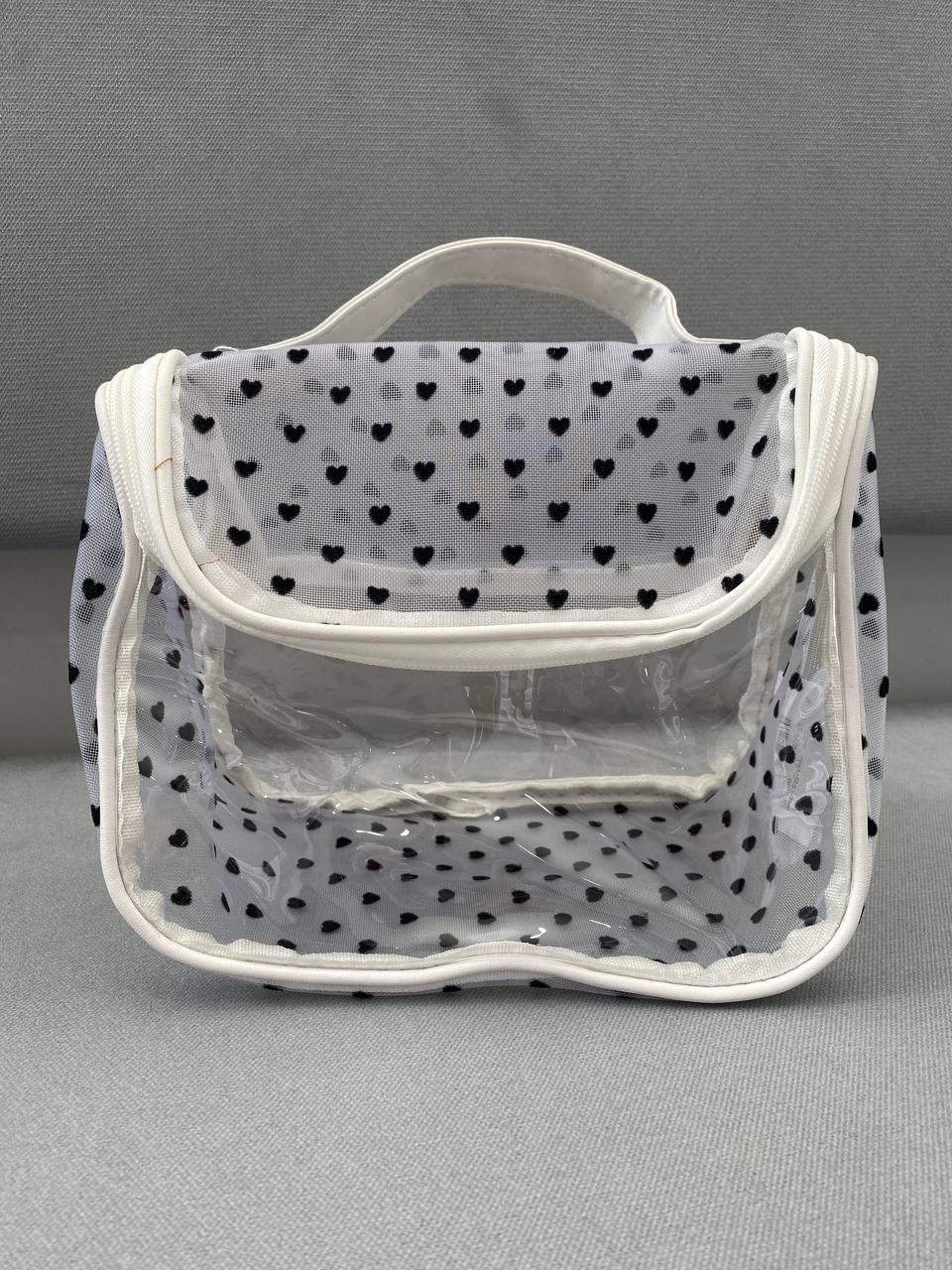 Clear Heart Dot Handle Makeup Bag - White