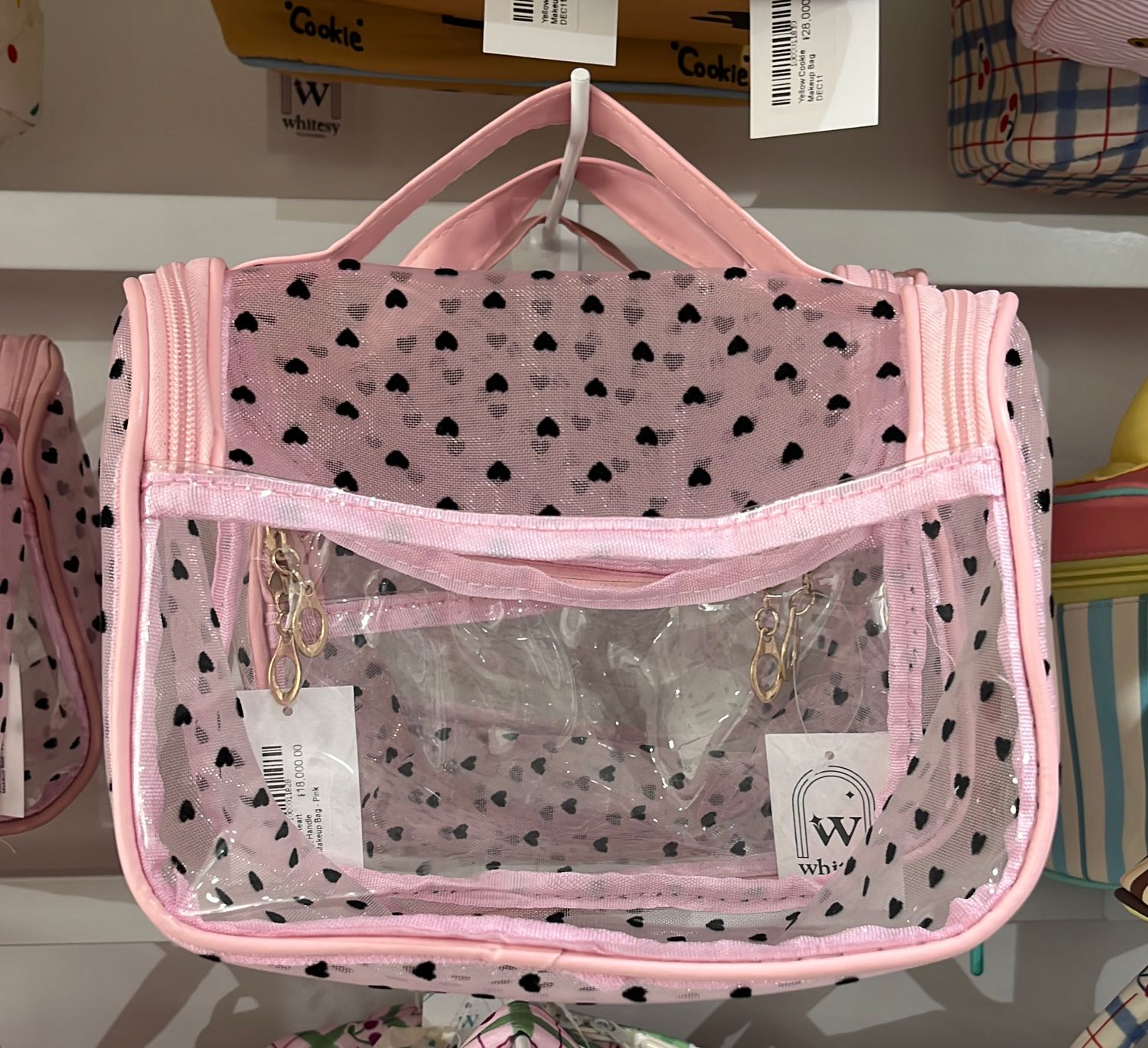Clear Heart Dot Handle Makeup Bag - Pink