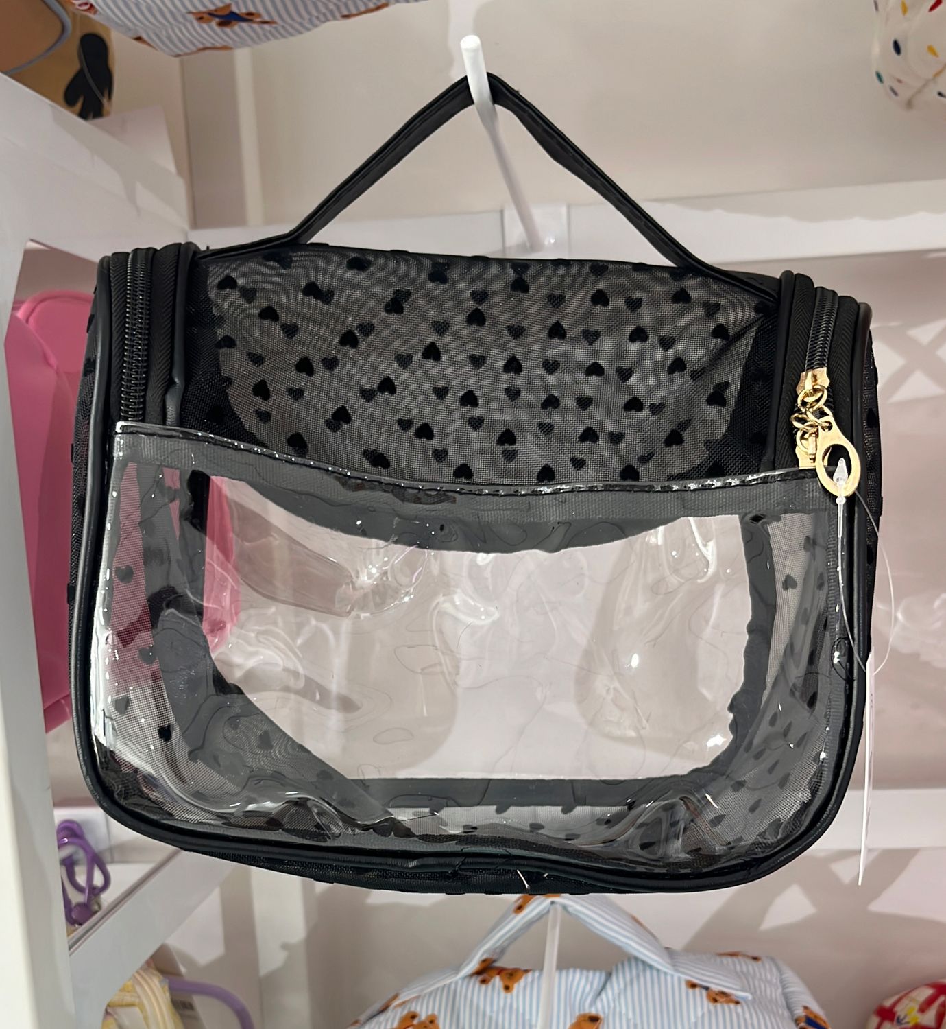 Clear Heart Dot Handle Makeup Bag - Black