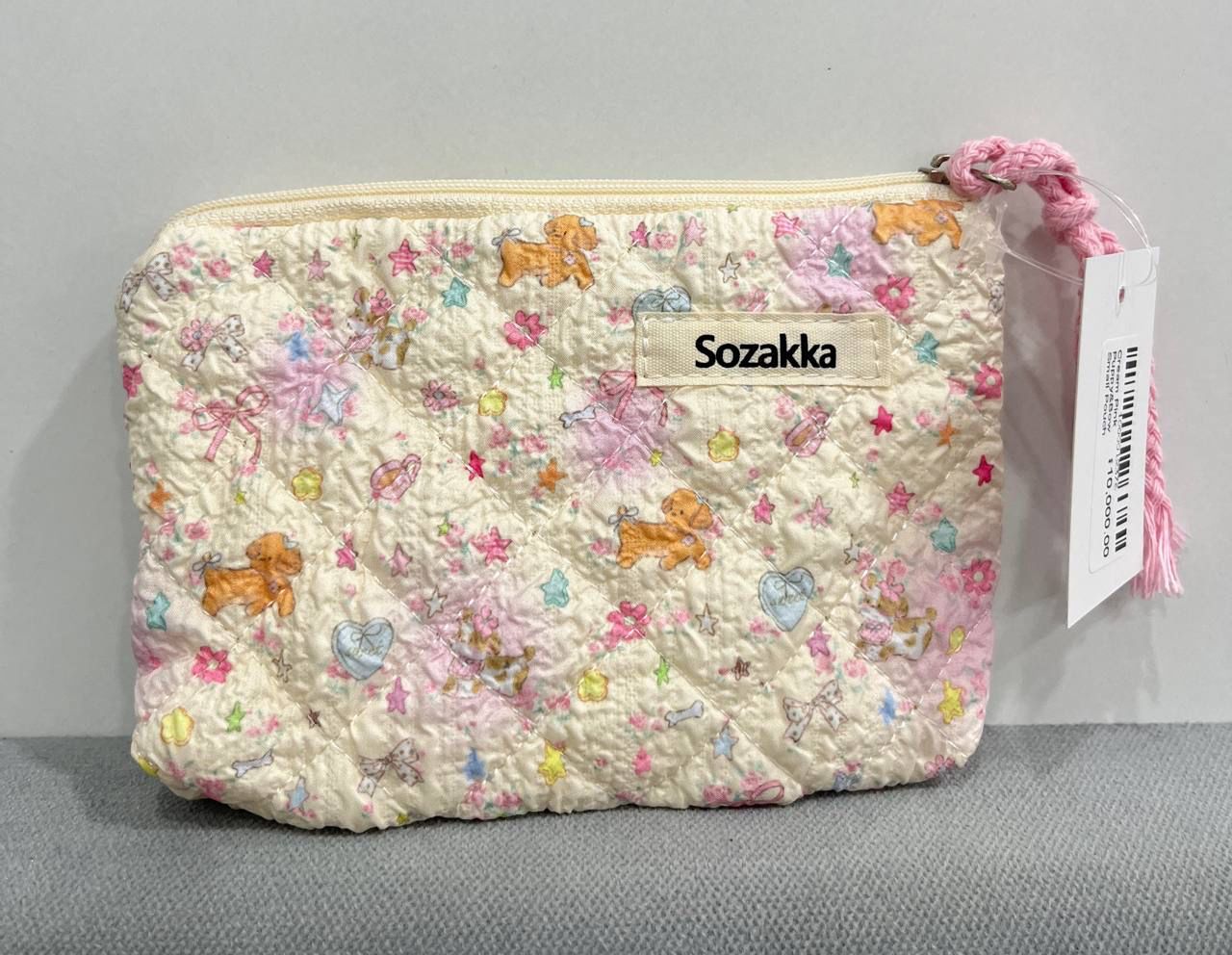 Cream Pink Puppy&amp;Bow Small Pouch