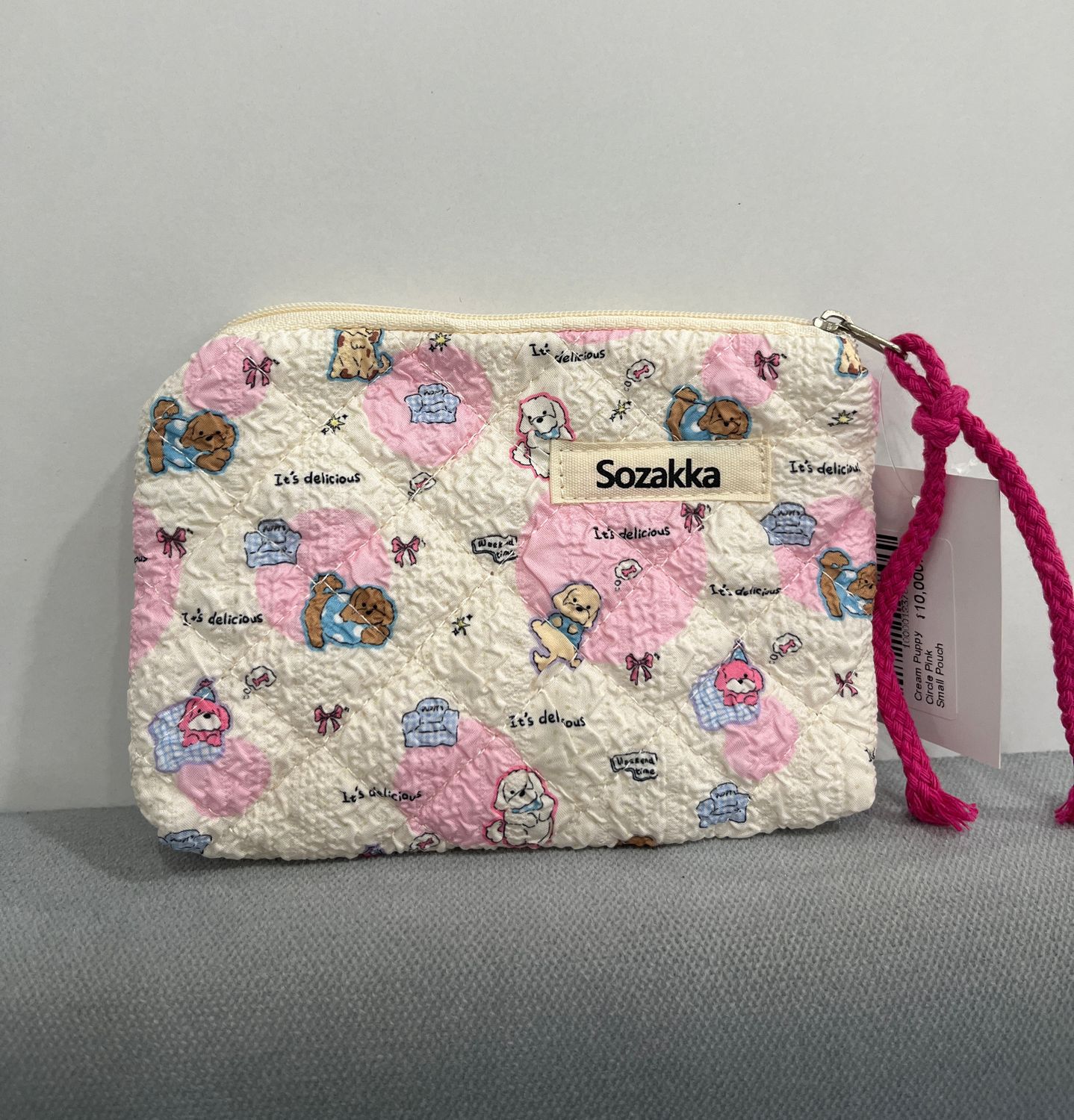 Cream Puppy Circle Pink Small Pouch