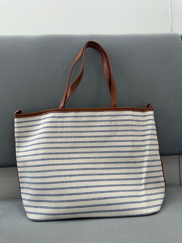 Medium Blue Striped Bag - White/Brown