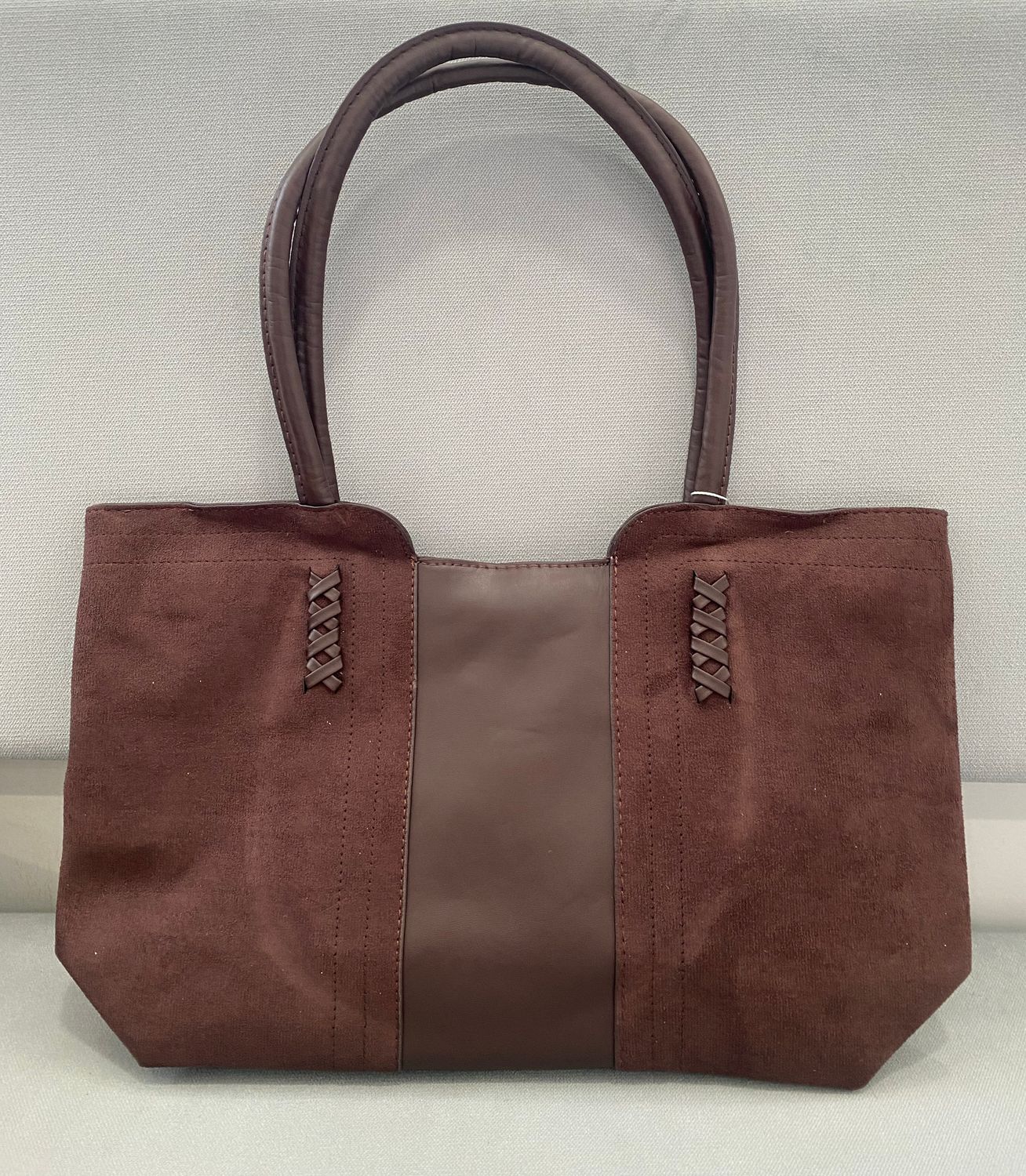Suede Fabric &amp; Leather Tote Bag - D.Brown