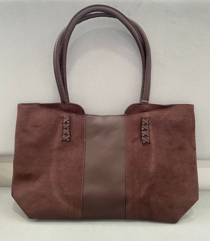 Suede Fabric &amp; Leather Tote Bag - D.Brown