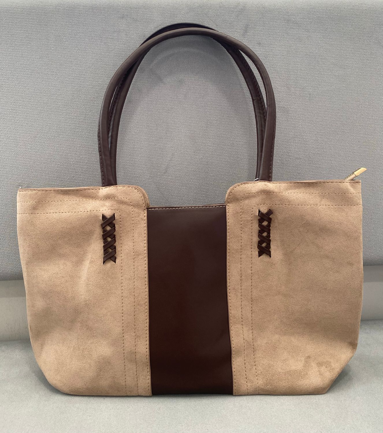 Suede Fabric &amp; Leather Tote Bag - Khaki