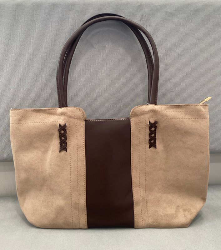 Suede Fabric &amp; Leather Tote Bag - Khaki