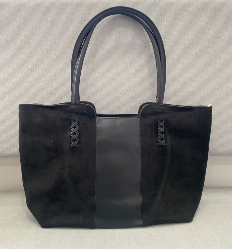 Suede Fabric &amp; Leather Tote Bag - Black