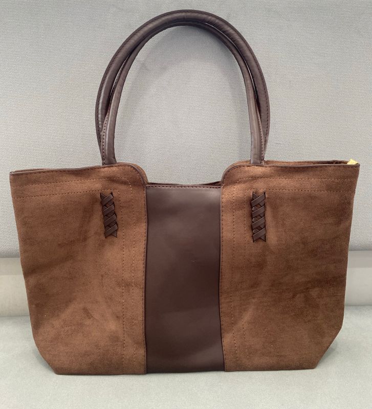 Suede Fabric &amp; Leather Tote Bag - L.Brown