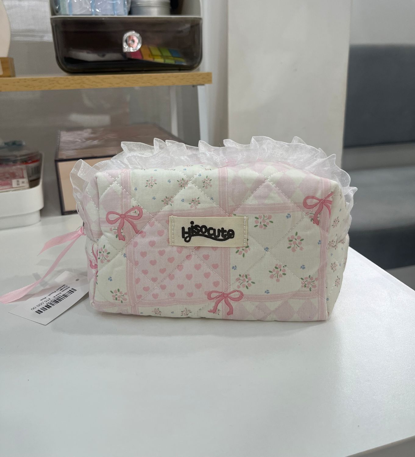 Ribbon Bow &amp; Flower Medium Pouch - Pink