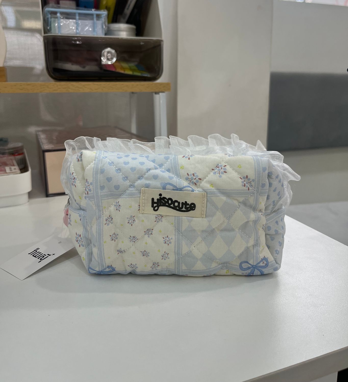 Ribbon Bow &amp; Flower Medium Pouch - Blue