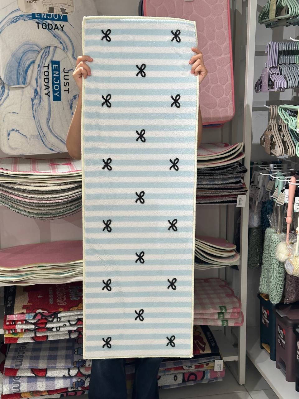 Black Ribbon Striped Line Doormat 40x100cm - White/Blue