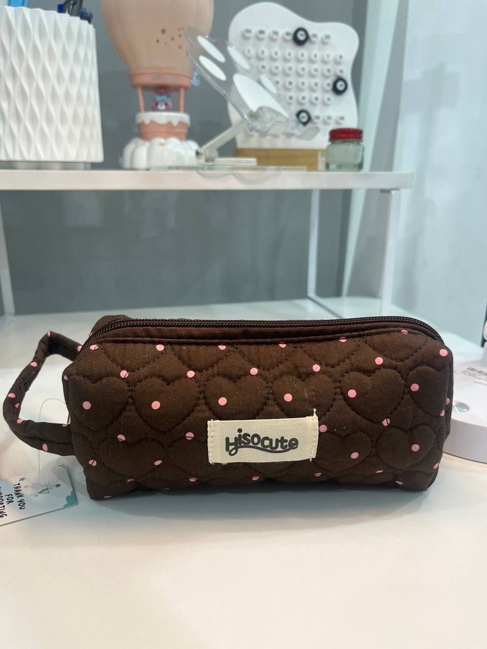 Heart Pattern &amp; Polka Dot Medium Pouch - Brown