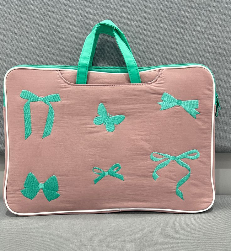 14inches Ribbon &amp; Bow Handle Laptop Bag - Pink