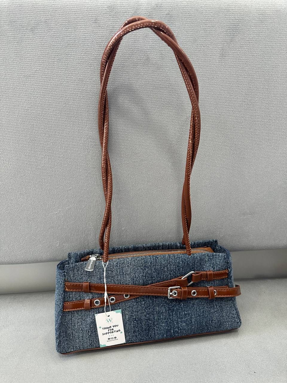 Leather Patch Denim Shoulder Bag AU3 - Brown