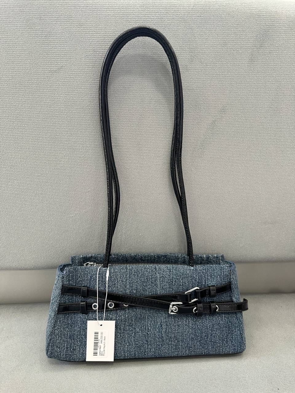 Leather Patch Denim Shoulder Bag AU3 - Black