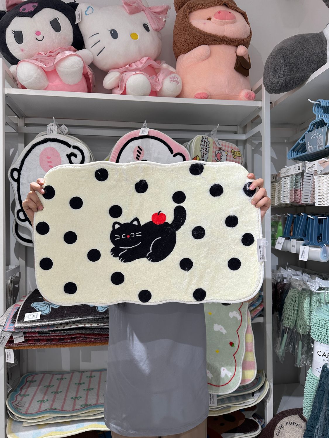 Rectangle Doormat White Black Polkadot Kitty 40x60cm