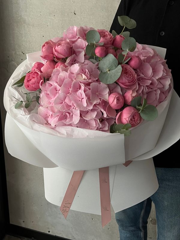 Bouquet pink hydrangeas, Silva Pink peony roses, and eucalyptus "Daphne"